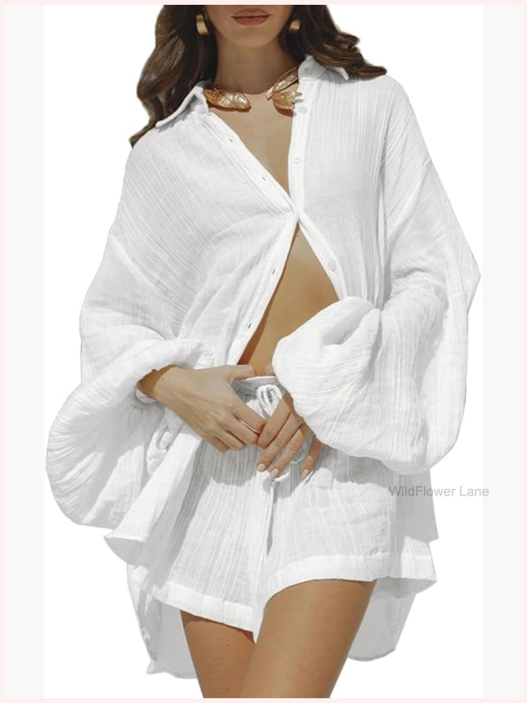 Women 2 Piece Outfits Summer Shorts Set Lantern Sleeve Button Down Shirt And